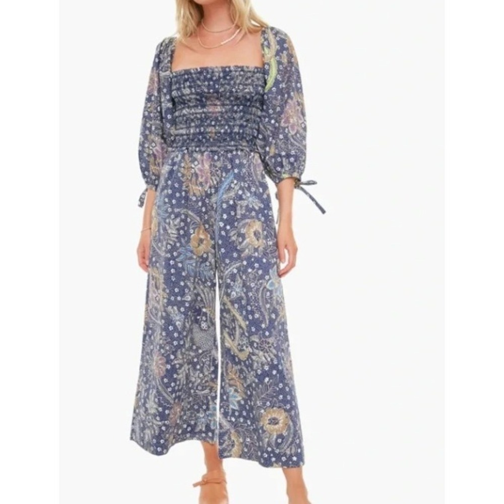 Cara Cara Batik Jazzy Floral Smocked Wide Leg Jumpsuit in Navy sz M